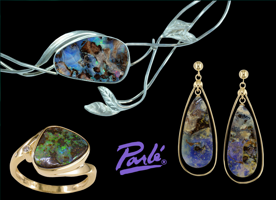 Parle Gems banner with three samples of opal jewelry